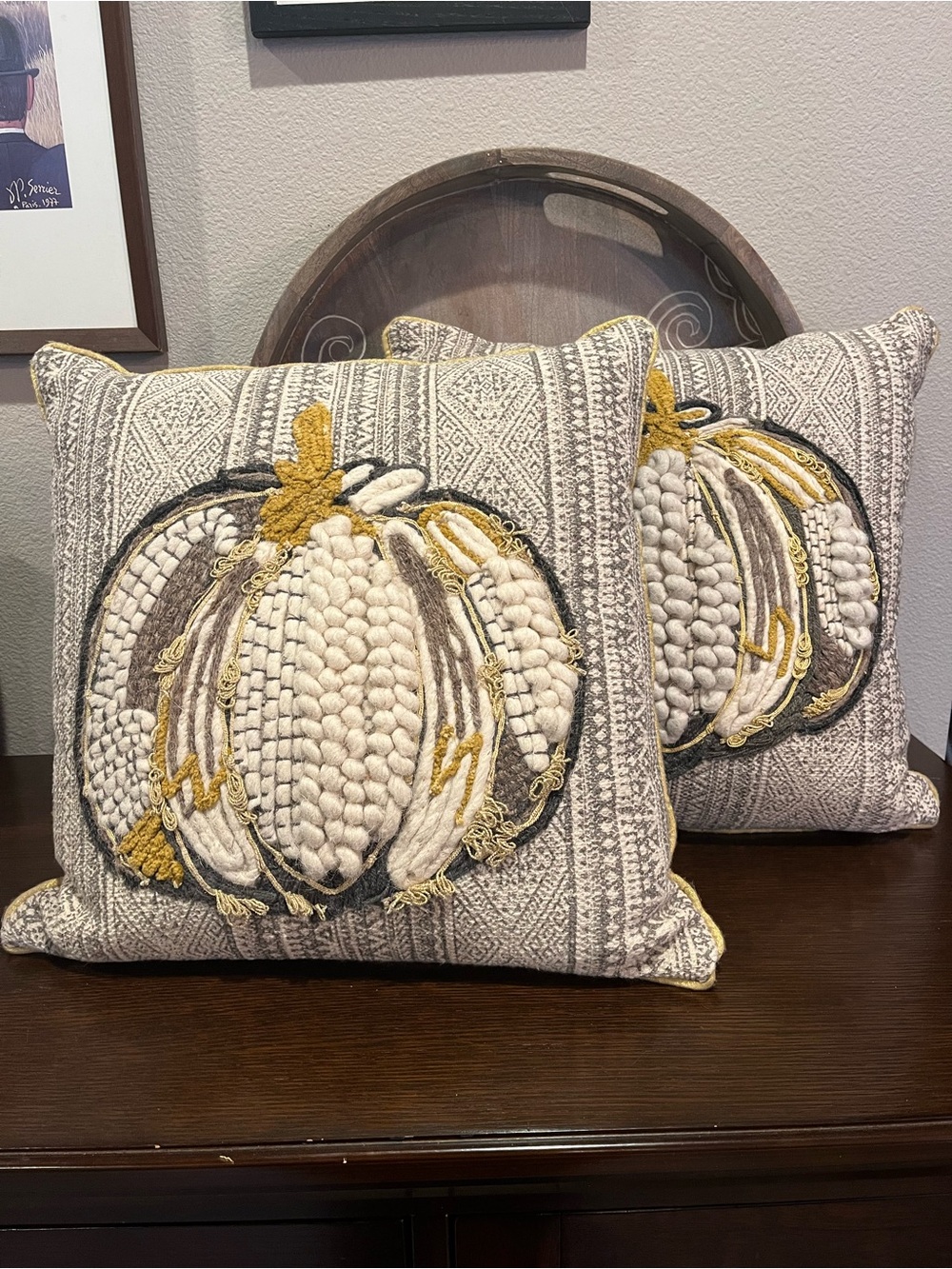 Pier 1 Neutral Pumpkin Embroidered 2 Accent Pillows in Cream, Gray, Mustard
